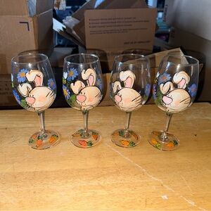 Spring Floral Brown Bunny Rabbit, Hand Painted Wine Glass, Easter Whimsical X4